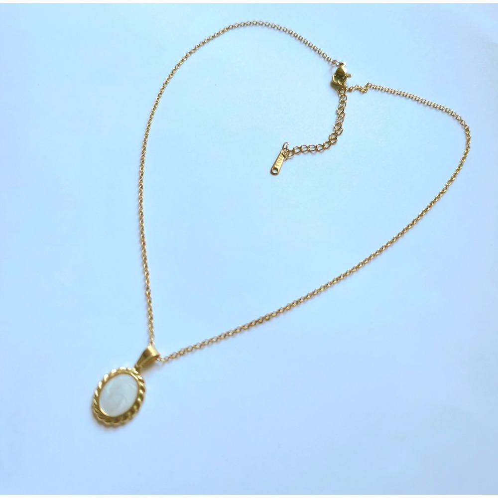 Gold Plated Stainless Steel Oval White Pendant Necklace 16-18 Inch Adjustable